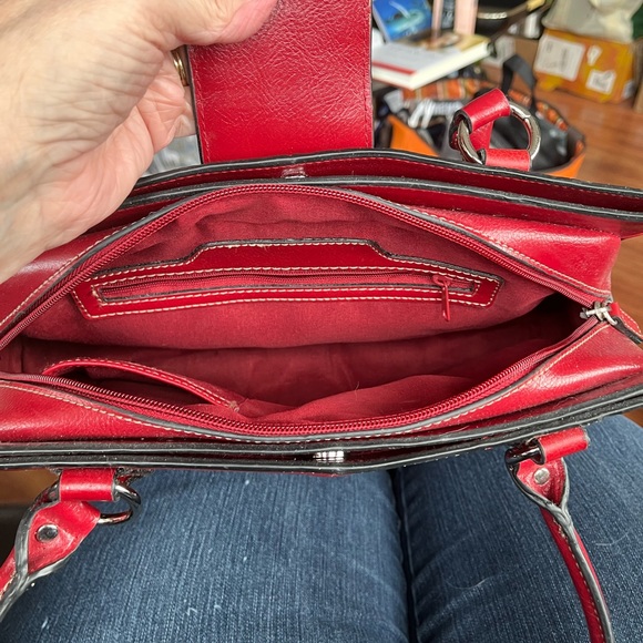 Gorgeous Red Leather Satchel Handbag With many inside Compartments.  13”x6” - Picture 9 of 9